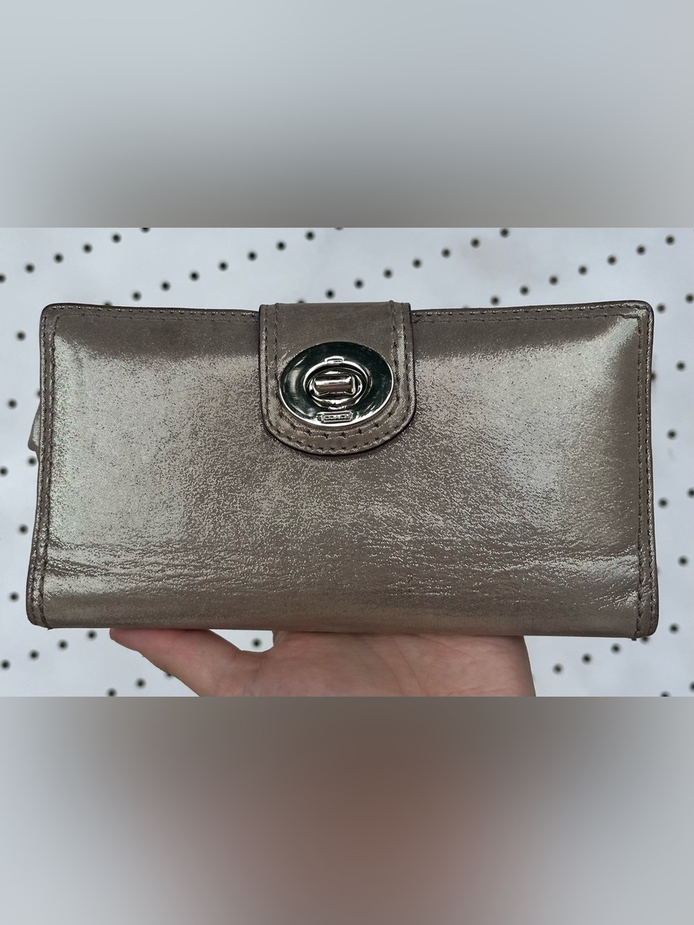 Coach Metallic Taupe Leather Wallet with Turnlock Closure + cheque folder